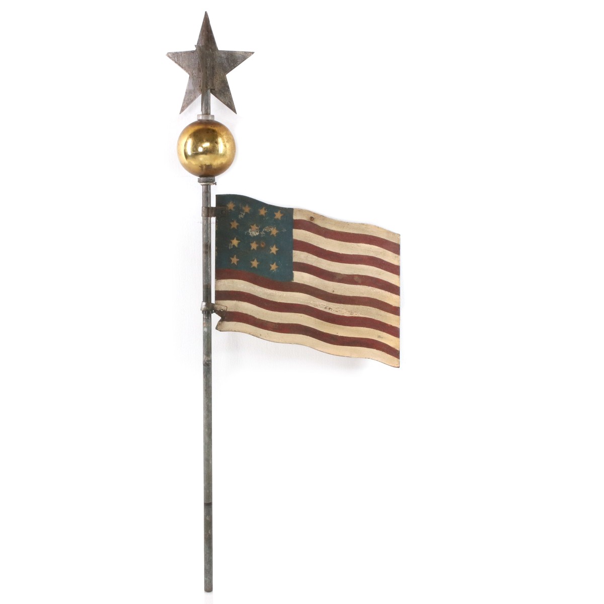 A 20TH C. FOLK ART WEATHER VANE WITH PAINTED FLAG