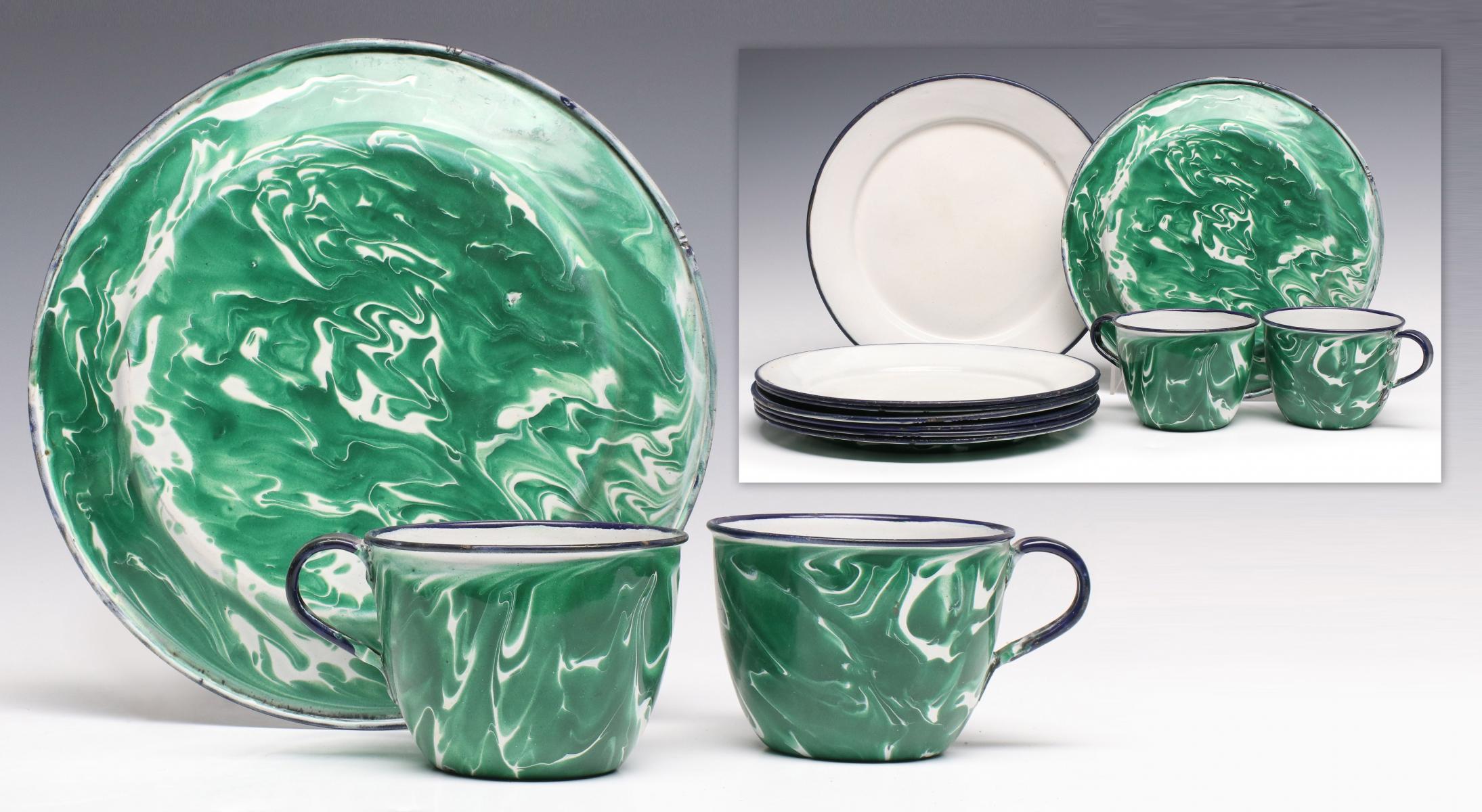 GREEN SWIRL GRANITEWARE PLATES AND CUPS