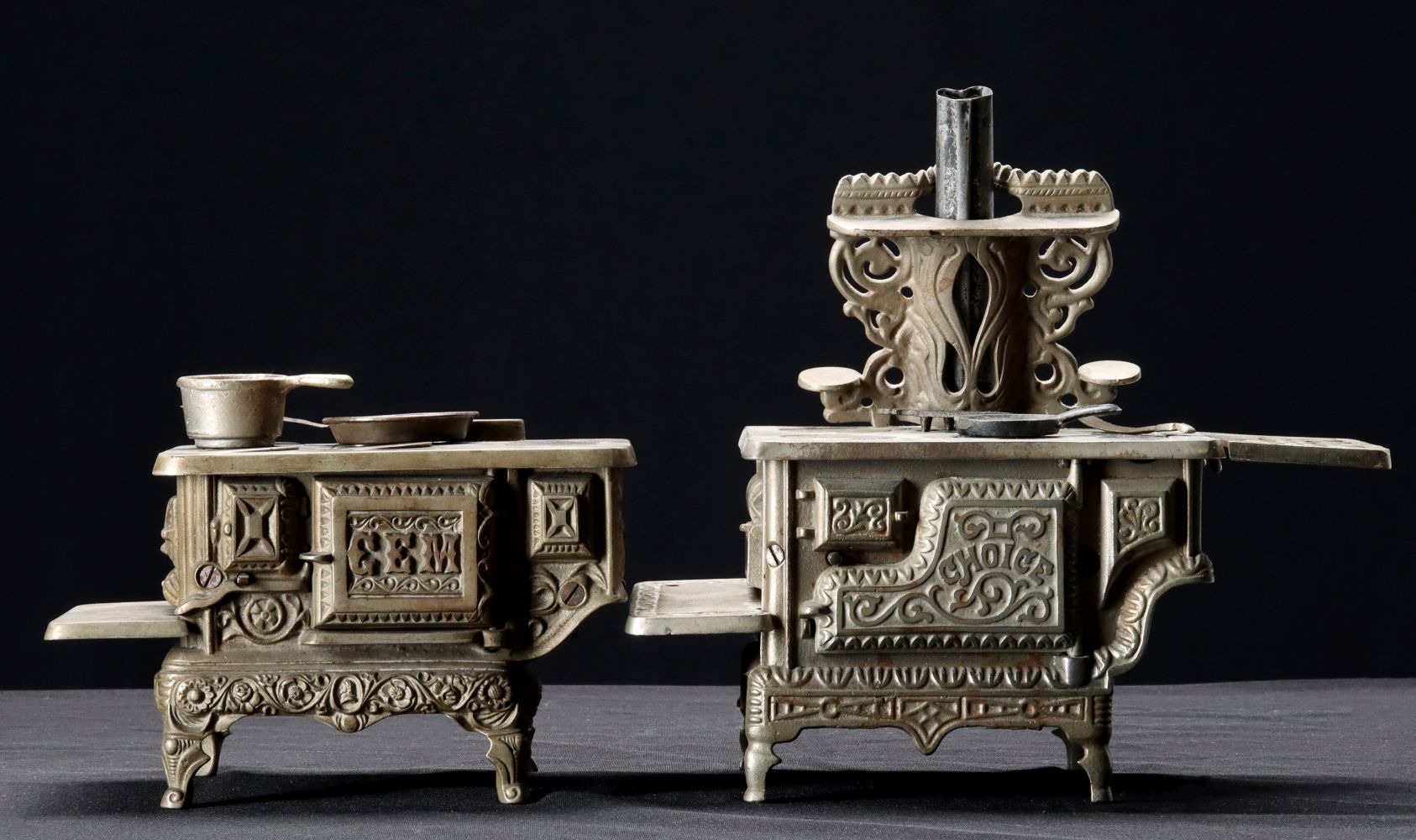 'CHOICE' AND 'GEM' CAST IRON TOY STOVES W/ COOKWARE