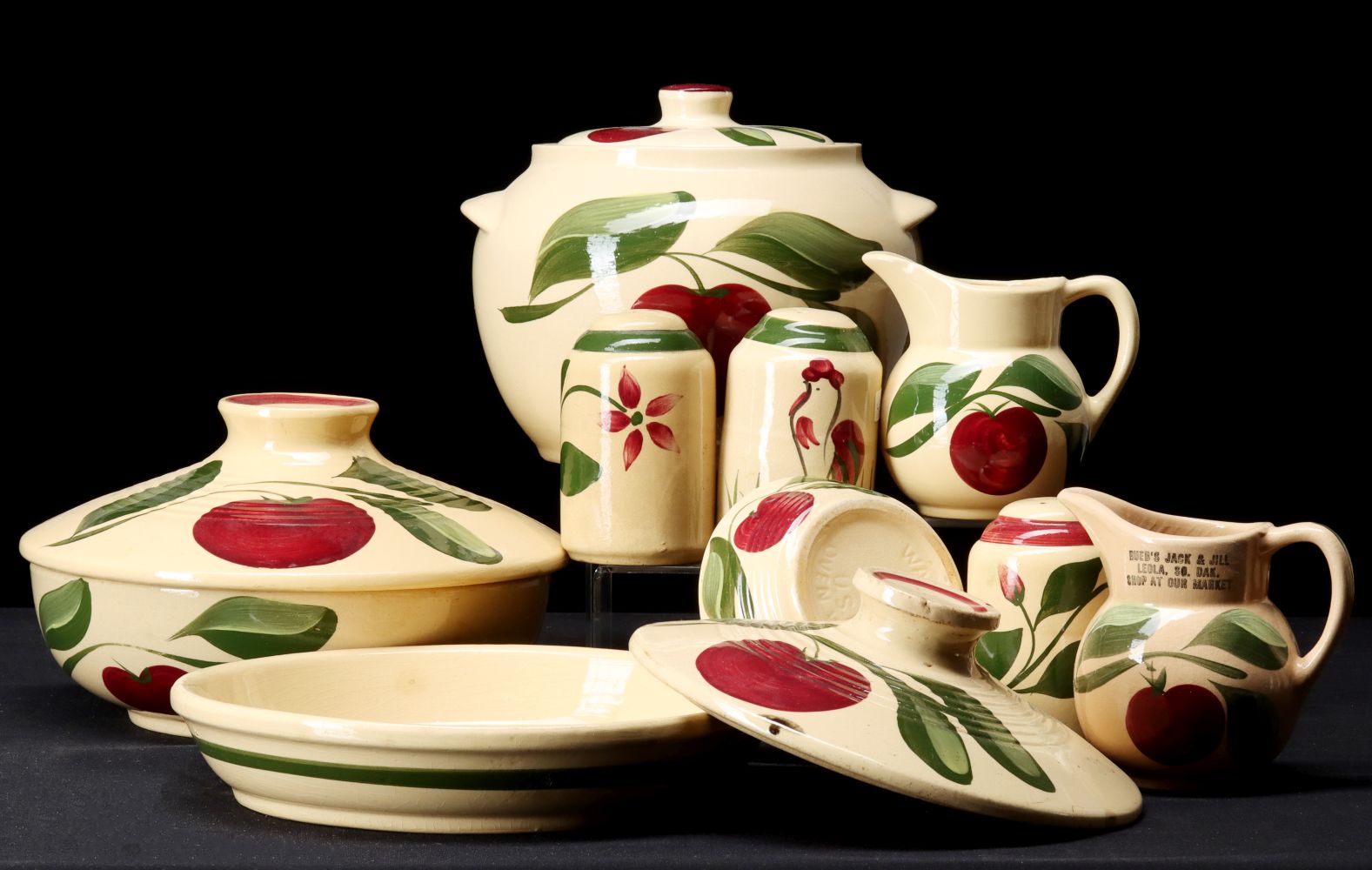 APPLE PATTERN WATT POTTERY, SOME WITH ADVERTISING