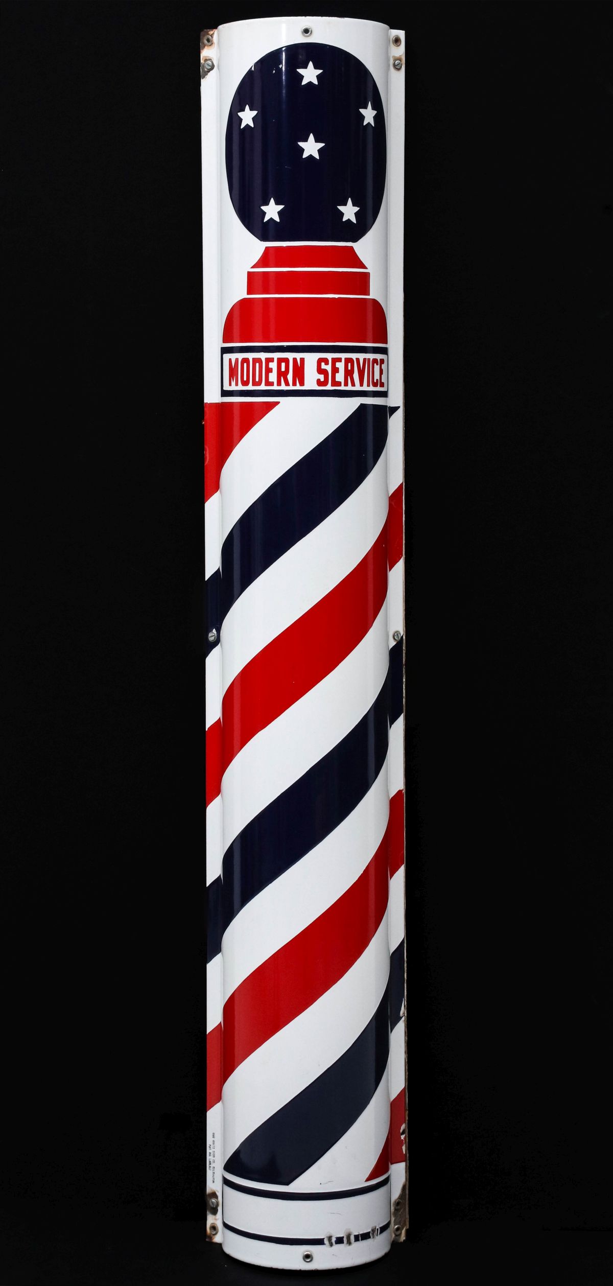 A HALF-ROUND WALL MOUNT PORCELAIN ENAMEL BARBER POLE