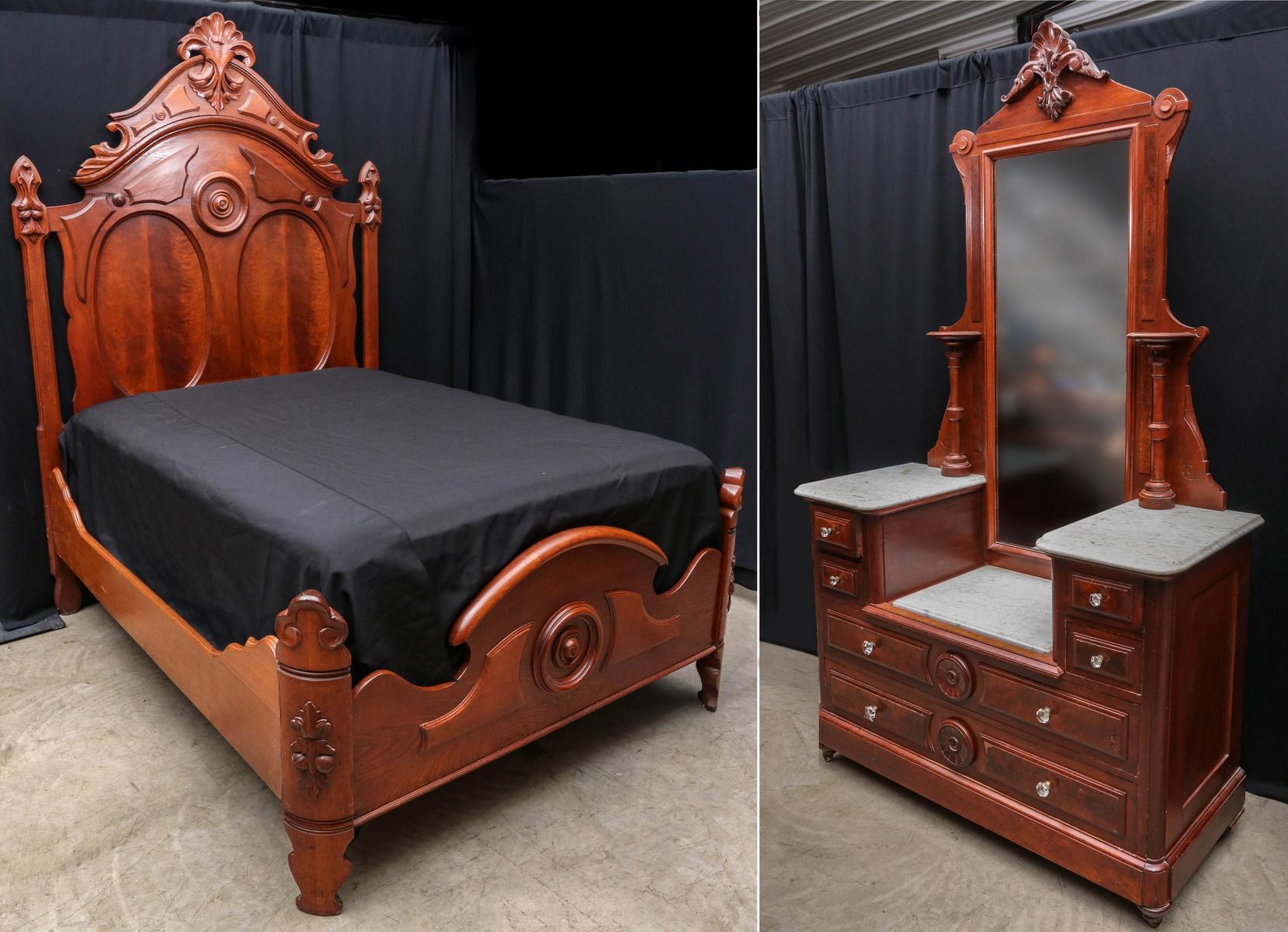 A STATELY 19TH C. AMERICAN FANCY WALNUT BED & DRESSER