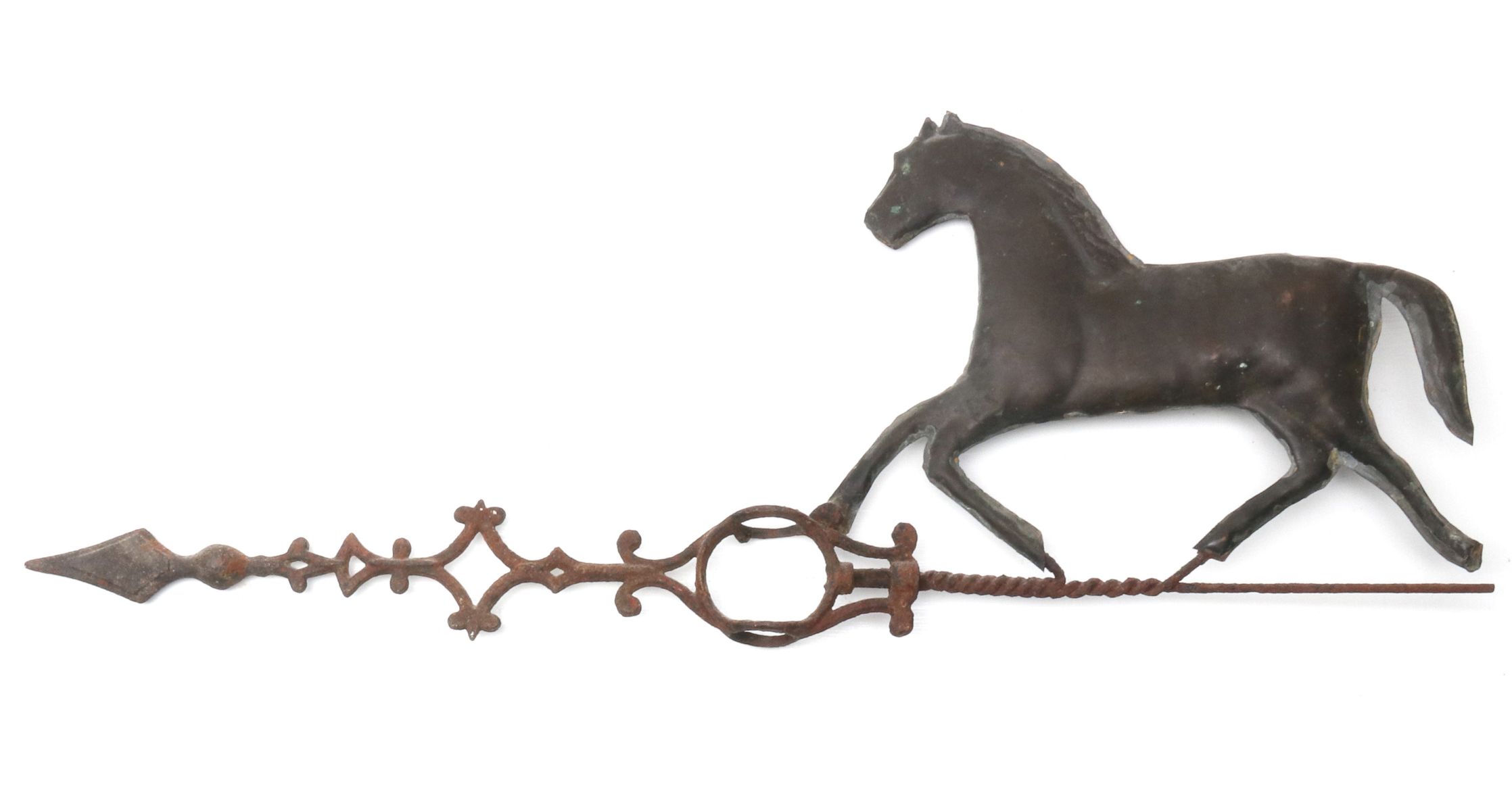 A COPPER RUNNING HORSE LIGHTNING ROD WEATHER VANE