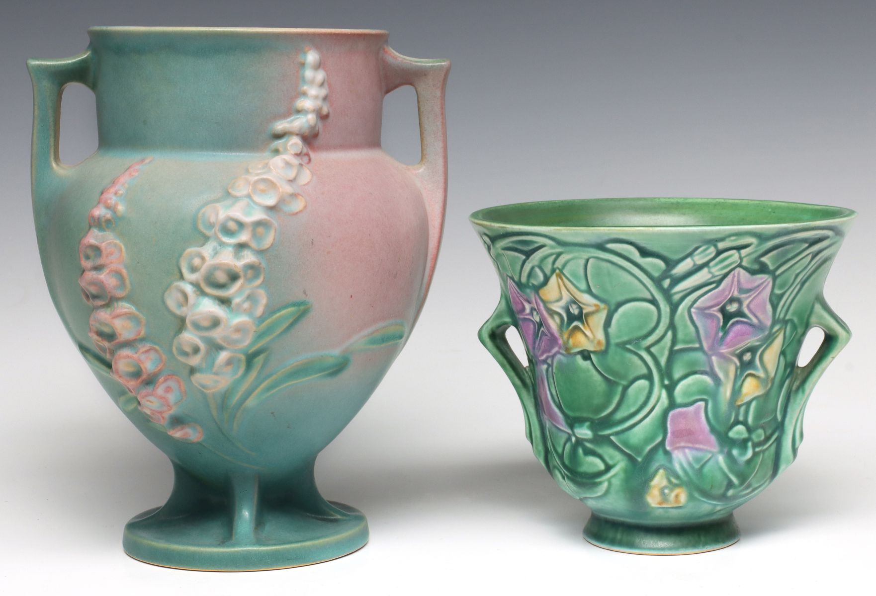 ROSEVILLE FOXGLOVE AND MORNING GLORY ART POTTERY VASES