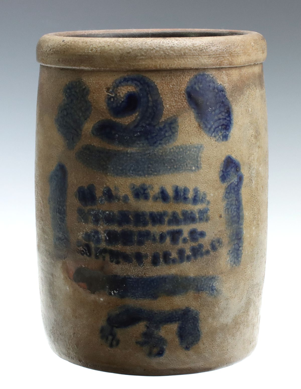 A BLUE DECORATED STONEWARE STORAGE JAR SIGNED H.C. WARD