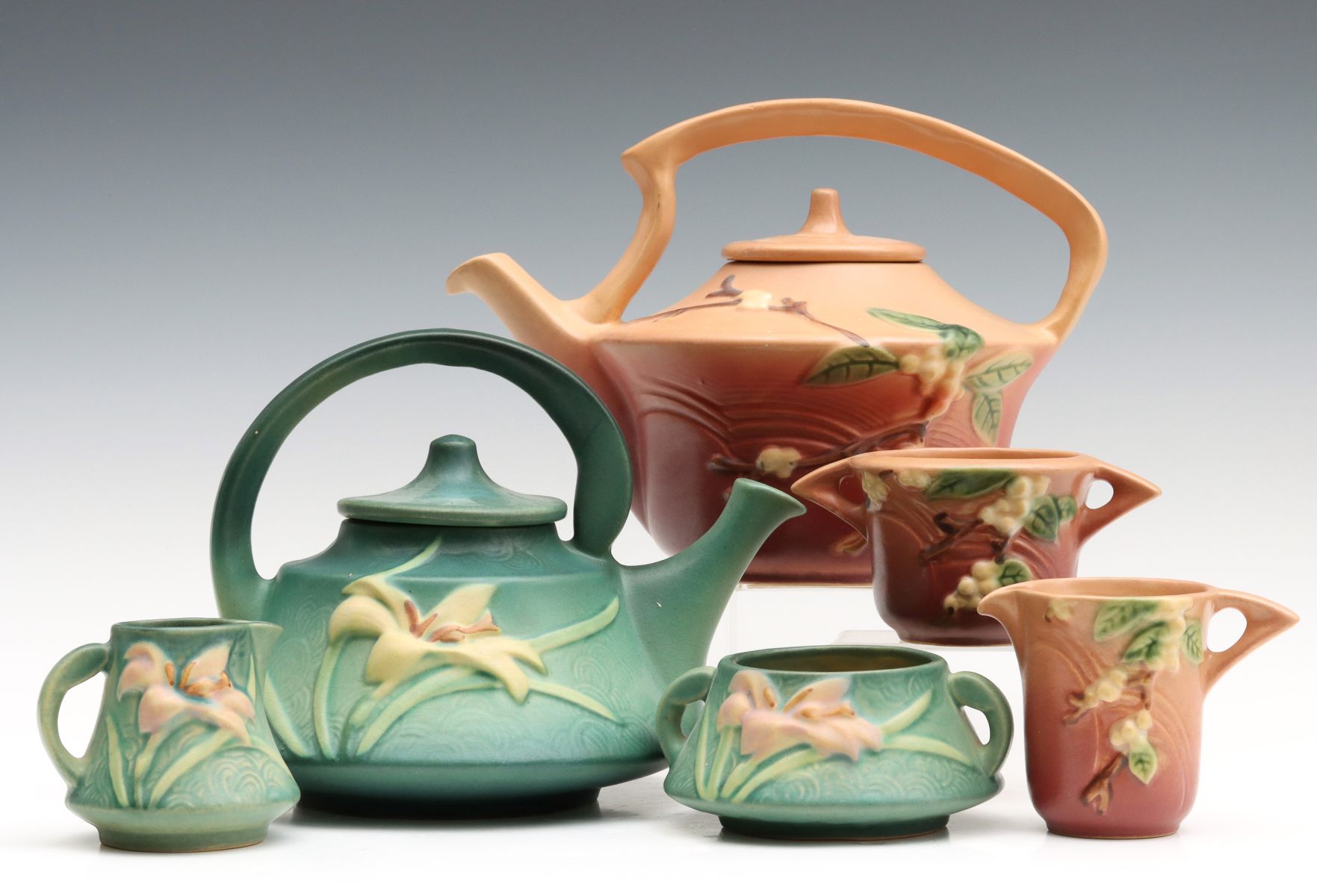 ROSEVILLE SNOWBERRY & ZEPHYR LILY ART POTTERY TEA SETS