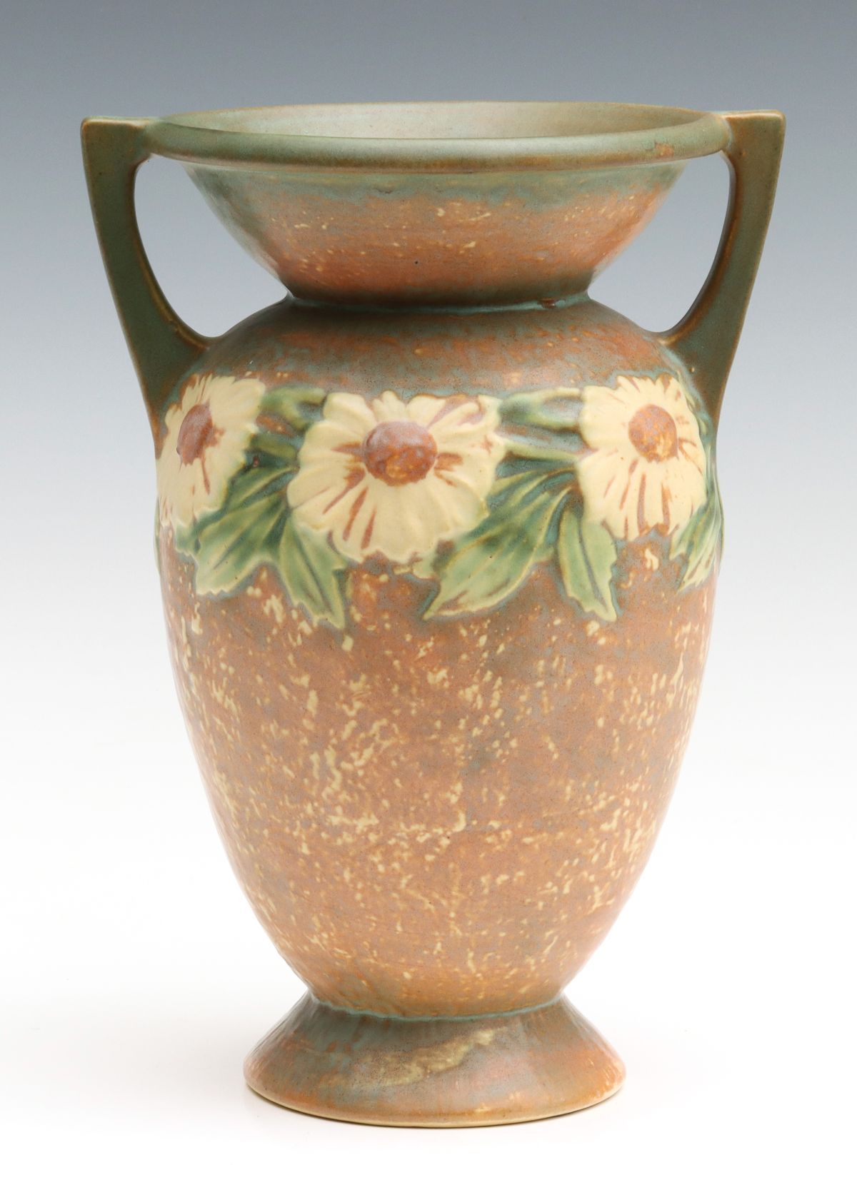 A 10.5-INCH ROSEVILLE DAHLROSE VASE WITH HANDLES