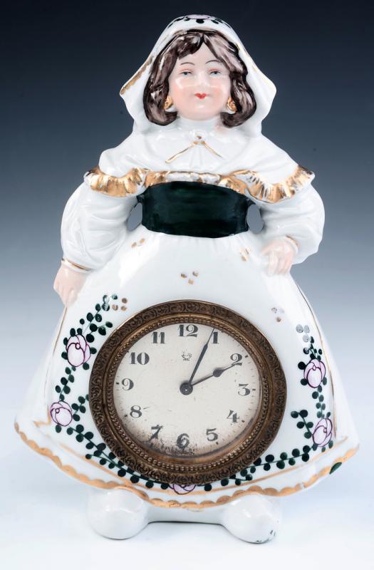 A CIRCA 1900 GERMAN PORCELAIN FIGURAL NOVELTY CLOCK