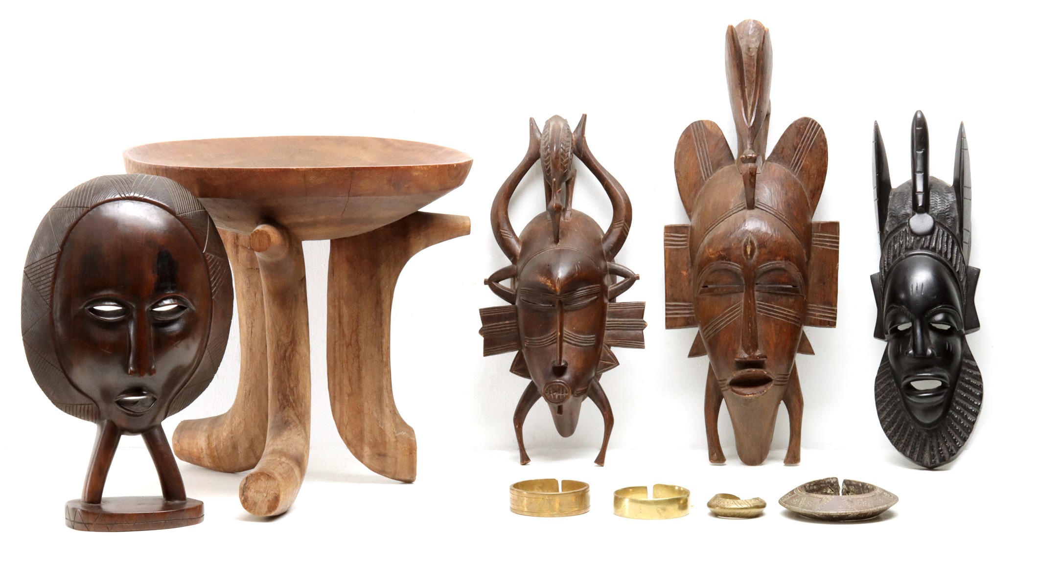 AFRICAN MASKS, TABLE, PAINTINGS AND BRACELETS