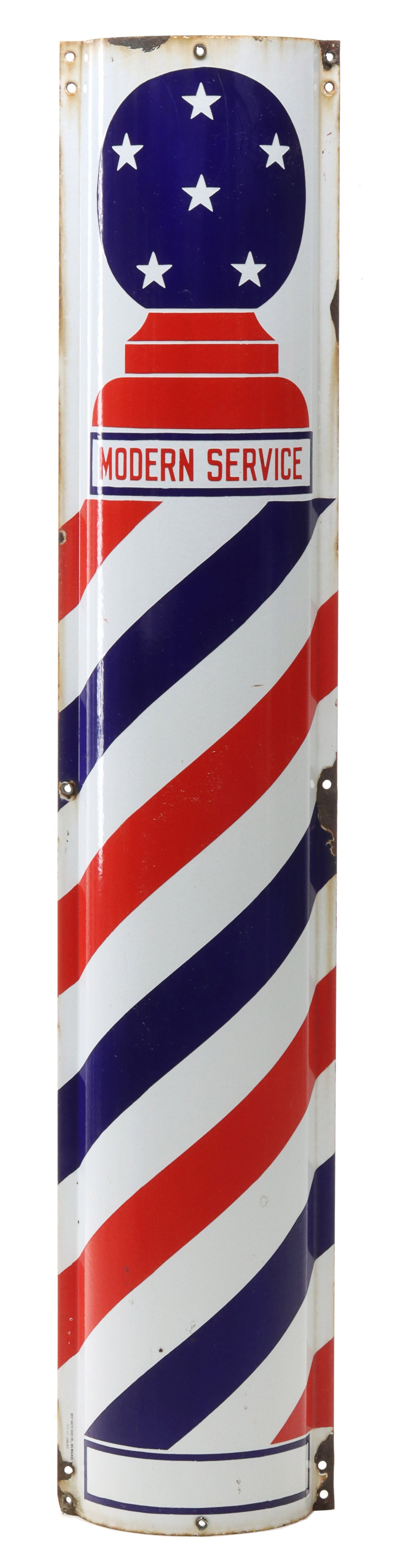 A HALF-ROUND WALL MOUNT PORCELAIN ENAMEL BARBER POLE