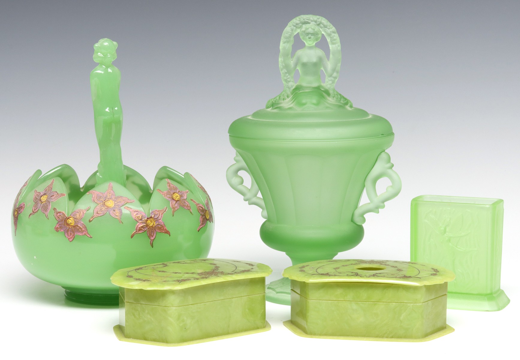 ART DECO PERIOD GREEN SATIN GLASS DRESSER ITEMS