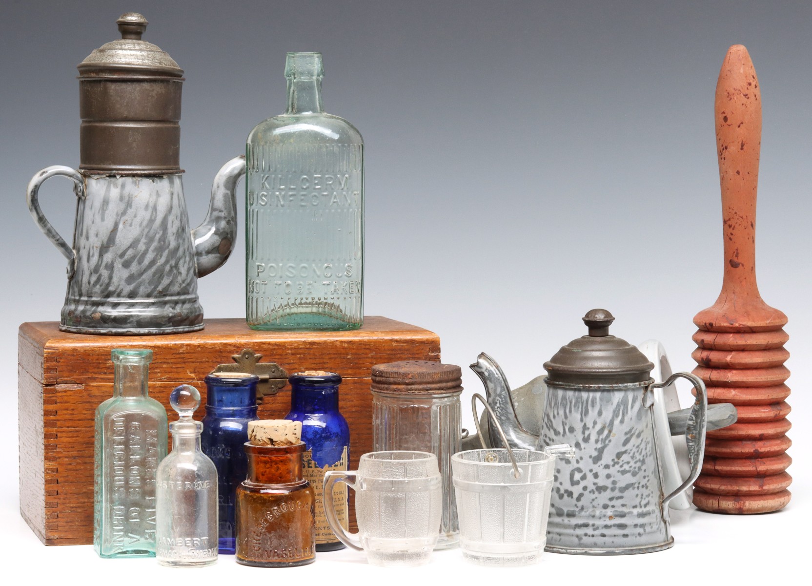 ANTIQUE GRANITE WARE, PRIMITIVES BOTTLES ETC