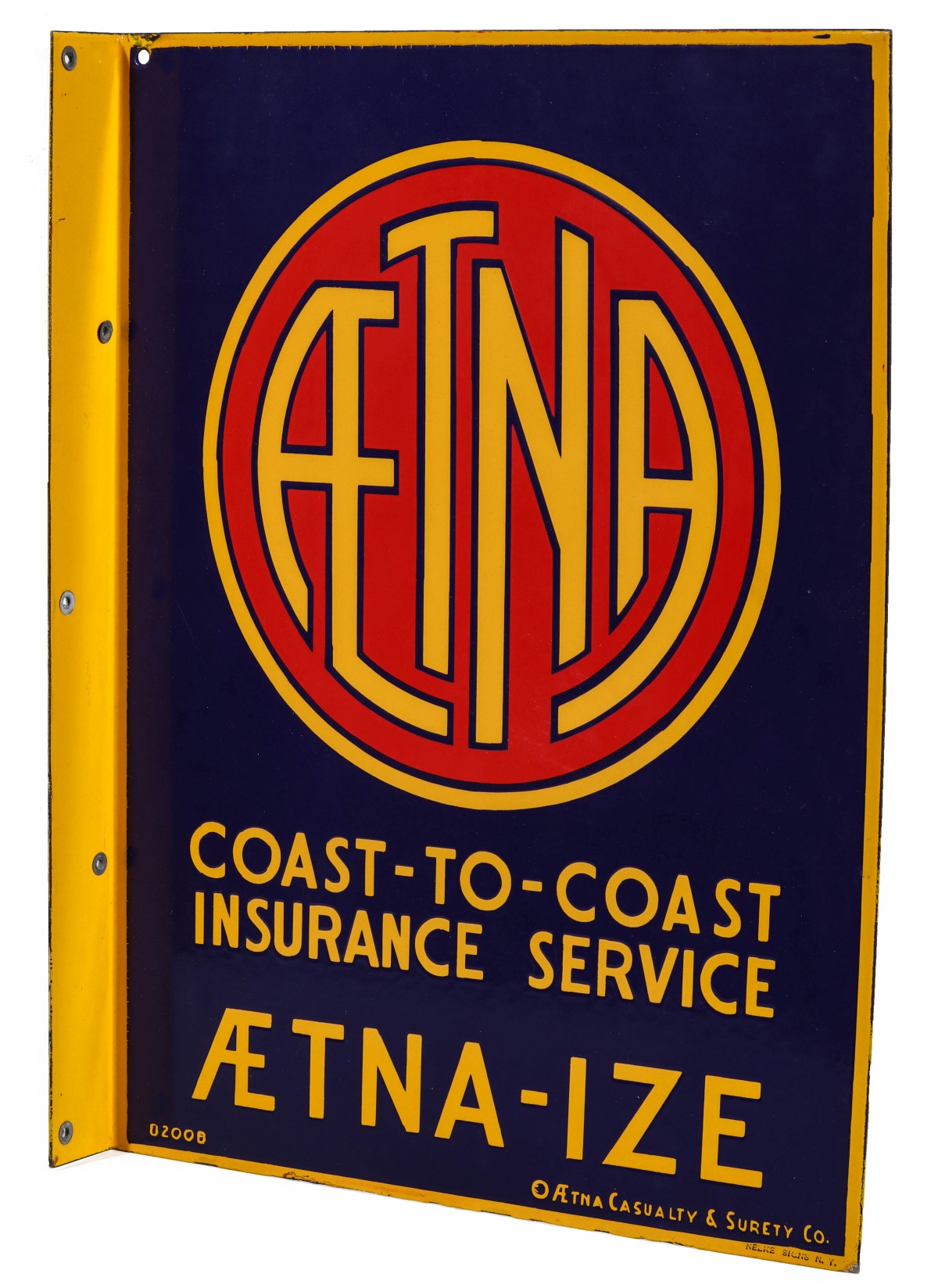 AN AETNA INSURANCE PORCELAIN ENAMEL FLANGE SIGN