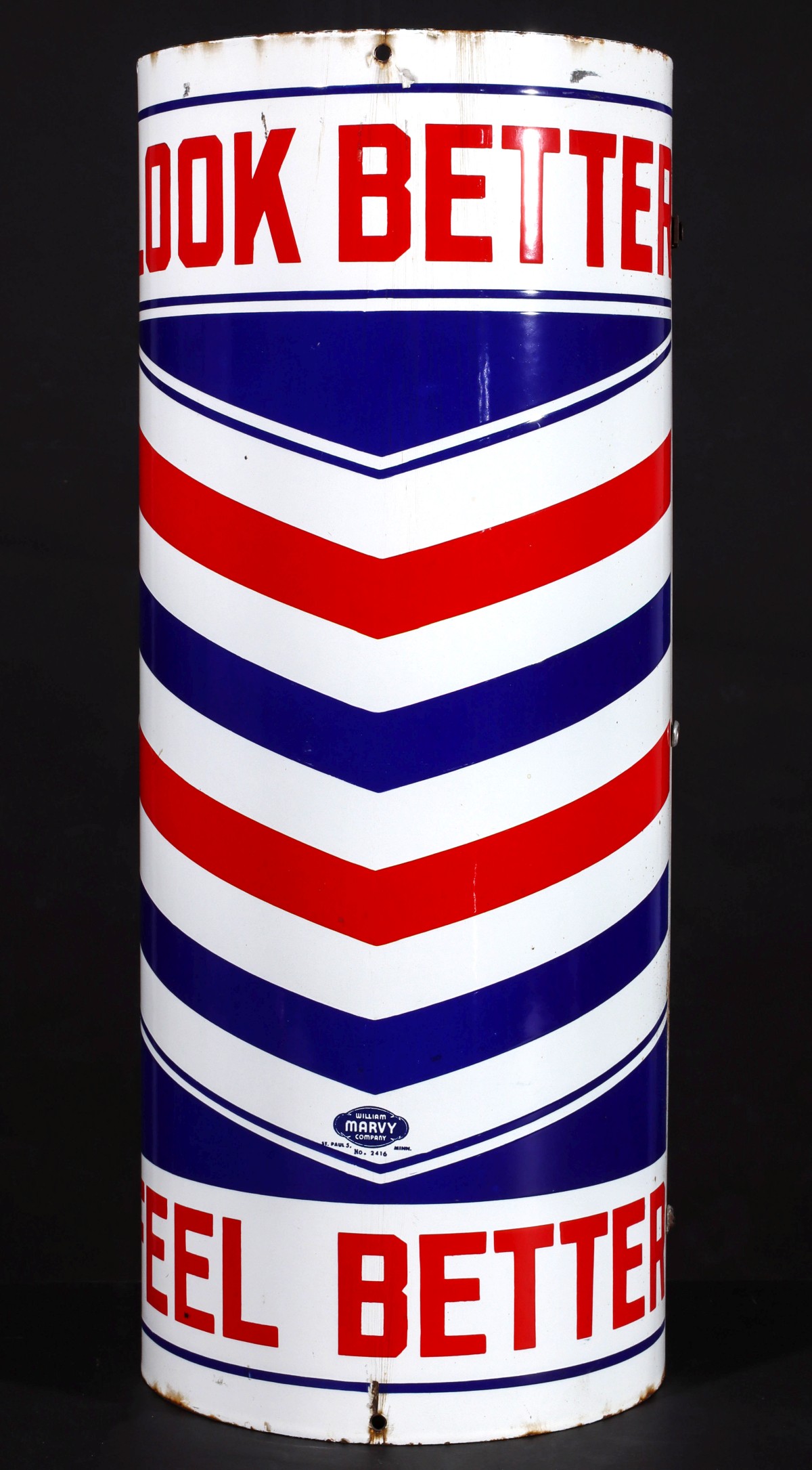 A HALF-ROUND POLE MOUNT PORCELAIN ENAMEL BARBER SIGN