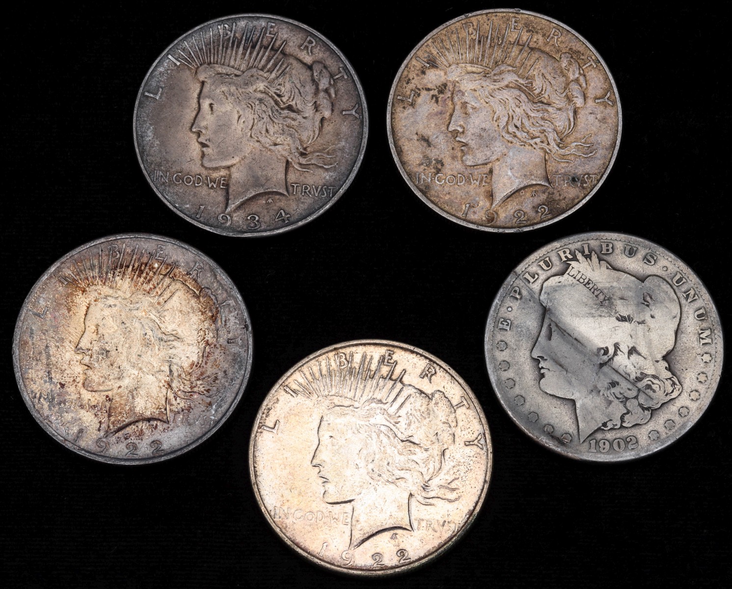 FIVE PEACE AND MORGAN SILVER DOLLARS