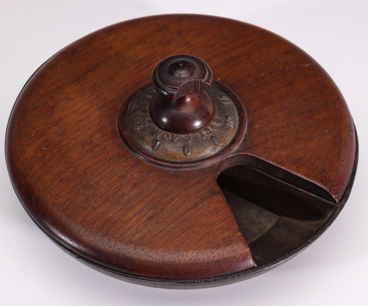 AN IRON AND WALNUT WATCH KEY ORGANIZER PAT DATED 1859