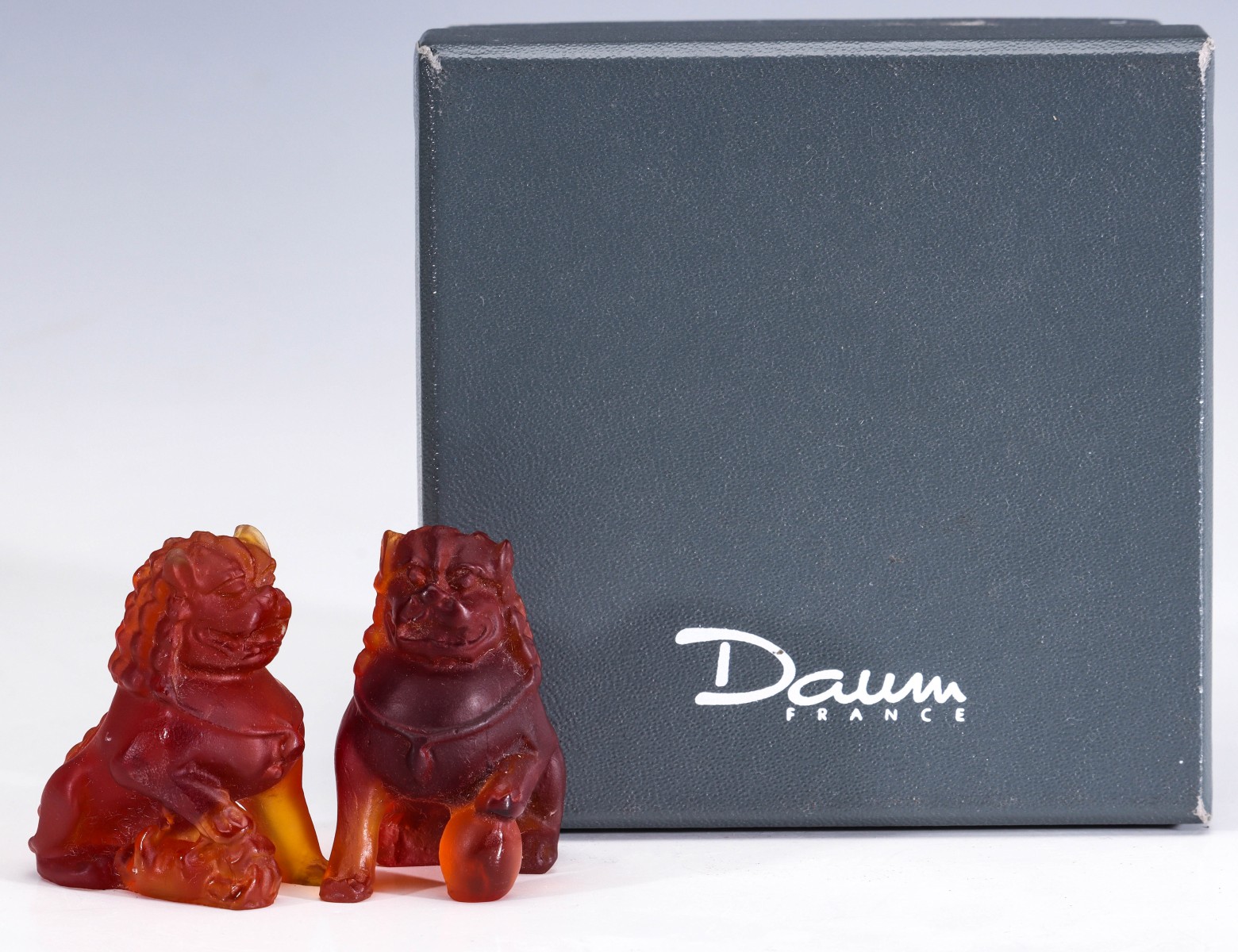 DAUM FRANCE PATE DE VERRE FOO DOG FIGURES WITH BOX