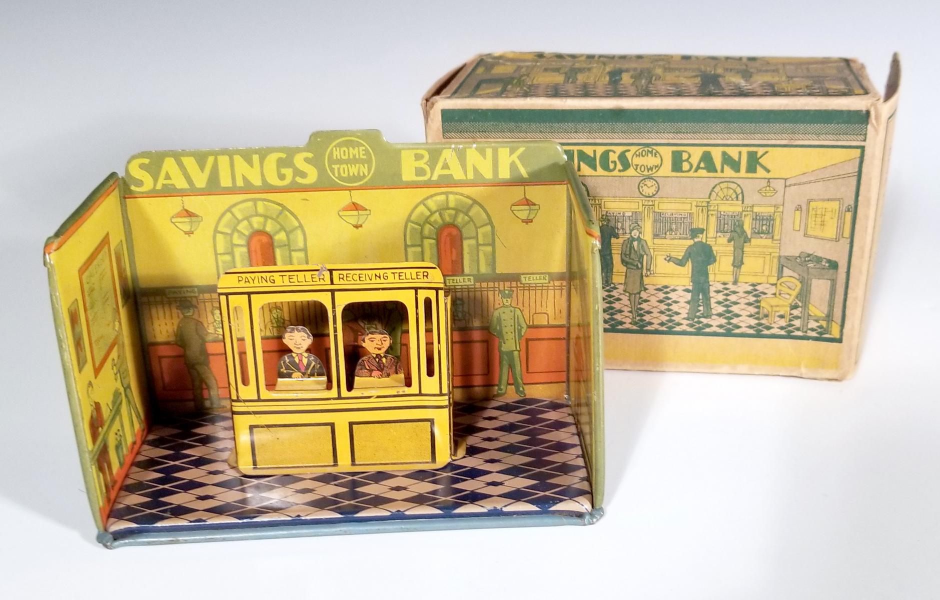 MARX 'HOMETOWN' TIN LITHO SAVINGS BANK PLAYSET WITH BOX