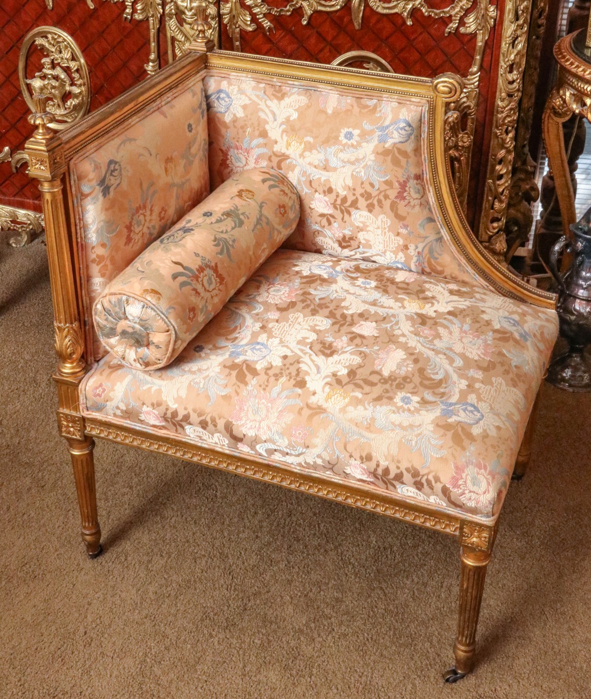 A LATE 20TH CENTURY LOUIS XVI STYLE CORNER BUSTLE CHAIR