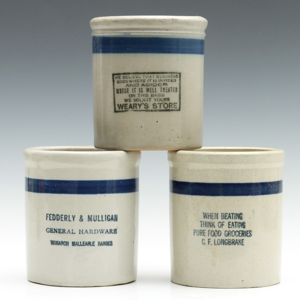 HARDWARE AND GROCER ADVERTISING STONEWARE BEATER JARS