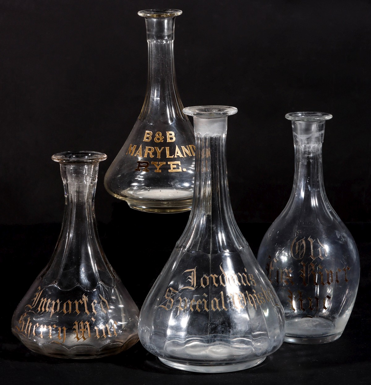 BACK BAR WHISKEY DECANTERS WITH ETCHED ADVERTISING