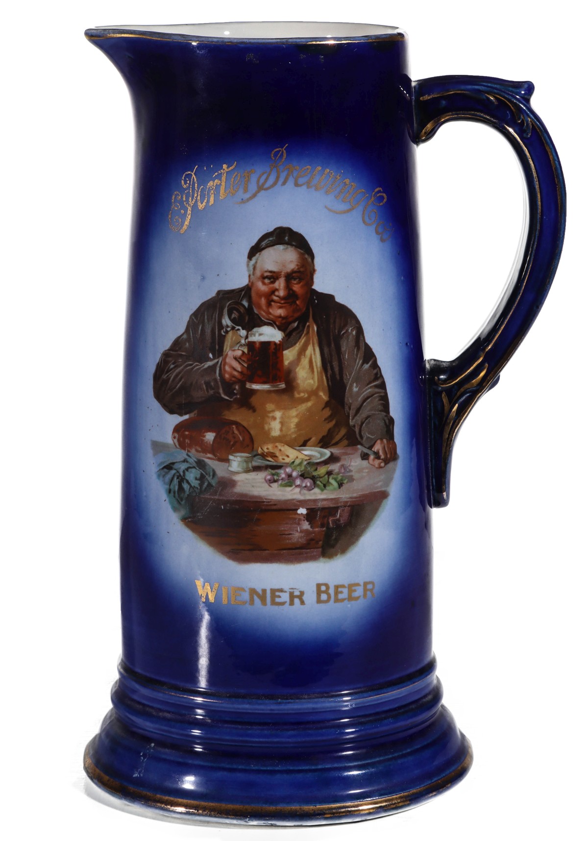 A 1900s FLOW BLUE TANKARD ADVERTISING WIENER BEER