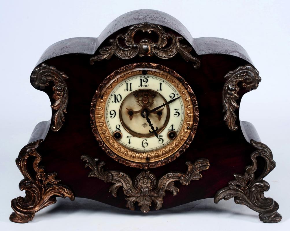 ANSONIA 'AMIENS' ENAMELED IRON MANTLE CLOCK C. 1904