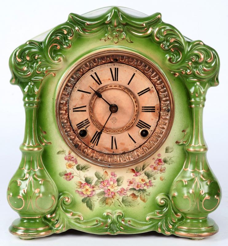 AN ANSONIA CHINA CASE MANTEL CLOCK 