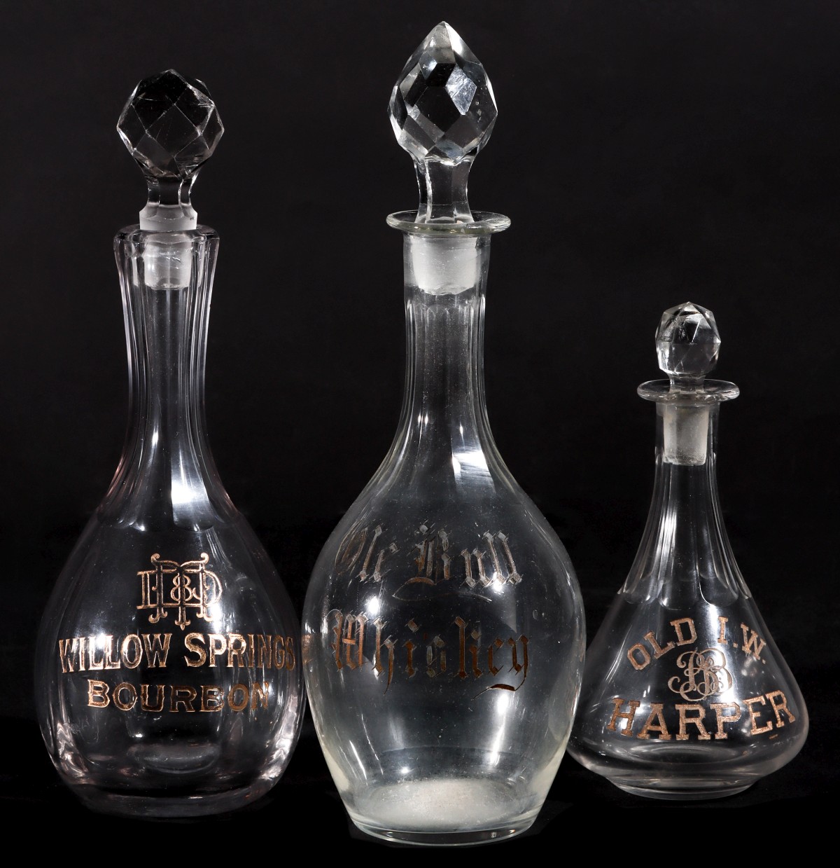 BACK BAR WHISKEY DECANTERS WITH ETCHED ADVERTISING