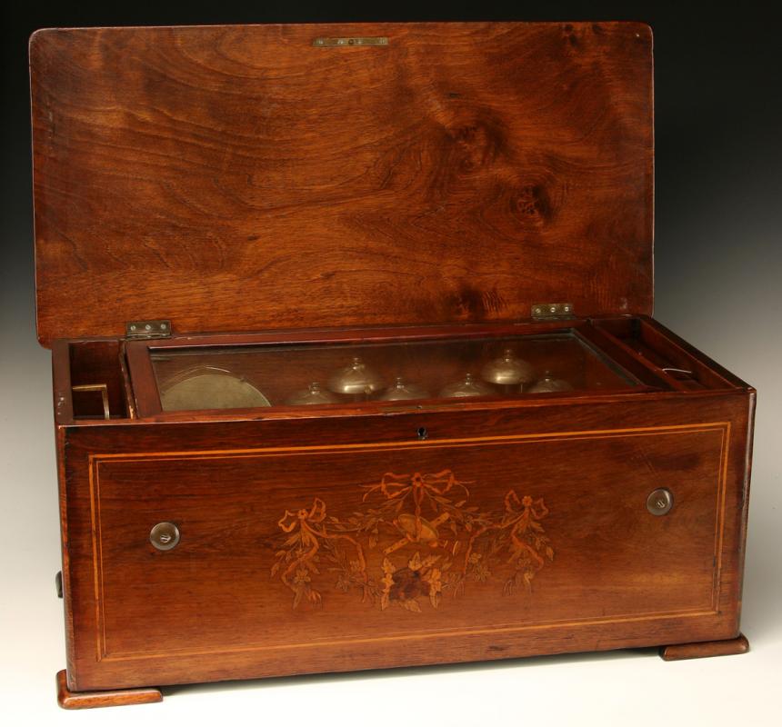 A FINE INLAID SWISS CYLINDER MUSIC BOX WITH DRUM AND BELLS