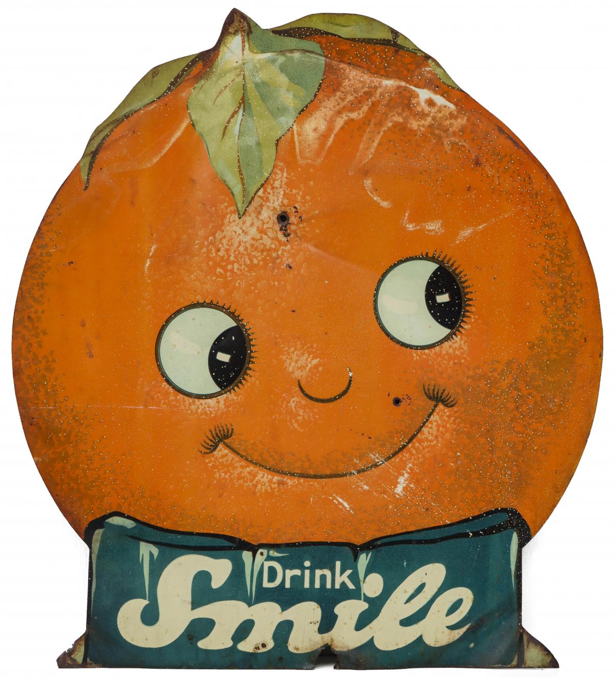 A RARE SMILE BRAND ORANGE SODA TIN SIGN AS FOUND