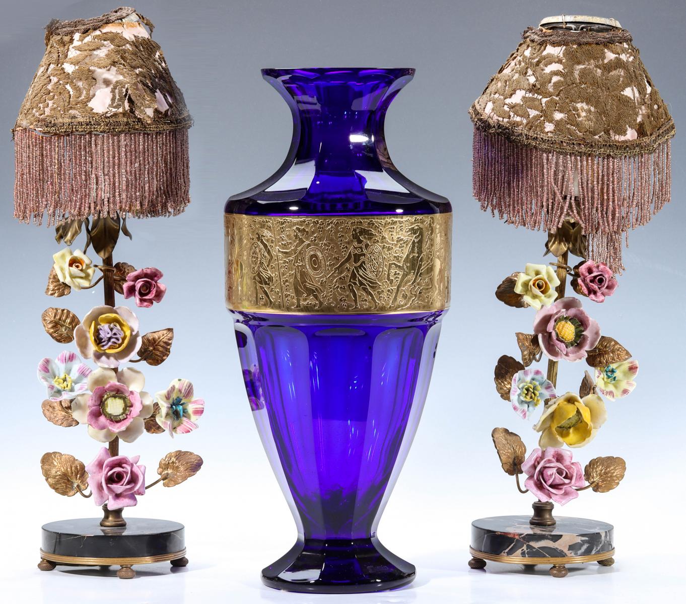 A CUT AND POLISHED MOSER VASE OFFERED W/ BOUDOIR LAMPS
