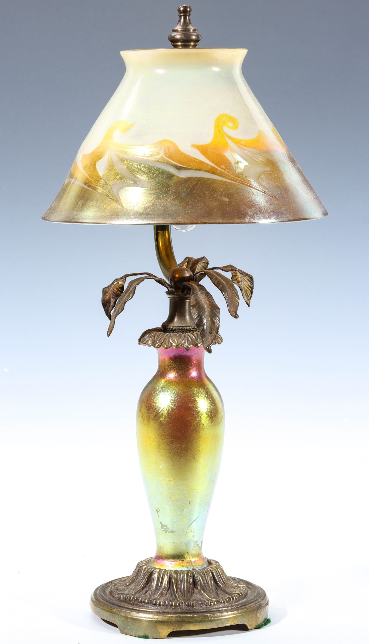 A STEUBEN AURENE LAMP BASE WITH TIFFANY SHADE