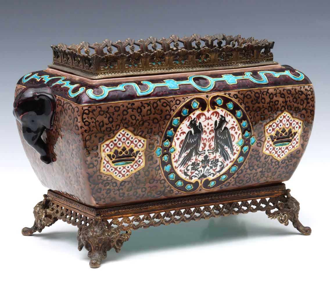 FRENCH NAPOLEON III POTTERY JARDINIERE IN METAL MOUNTS