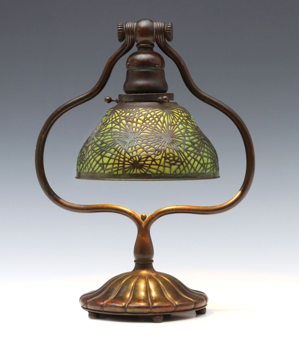 A TIFFANY STUDIOS GLASS AND BRONZE PINE NEEDLE LAMP