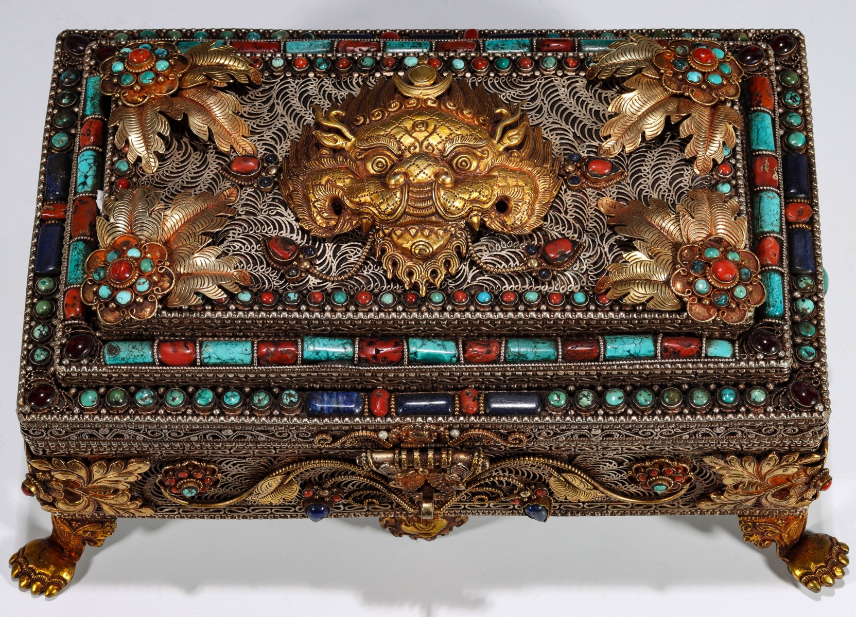 A LATE 20TH C. ASIAN METAL AND SEMI-PRECIOUS STONE BOX