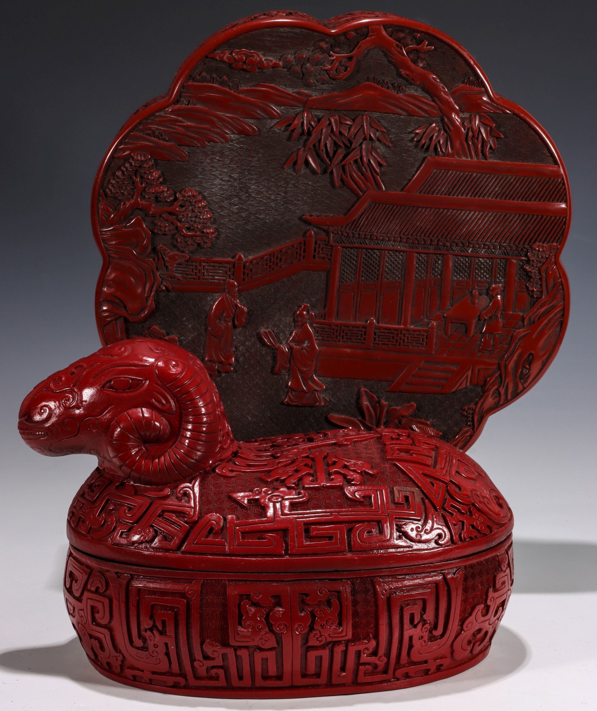 LARGE CINNABAR LACQUER BOXES INCLUDING FIGURAL RAM