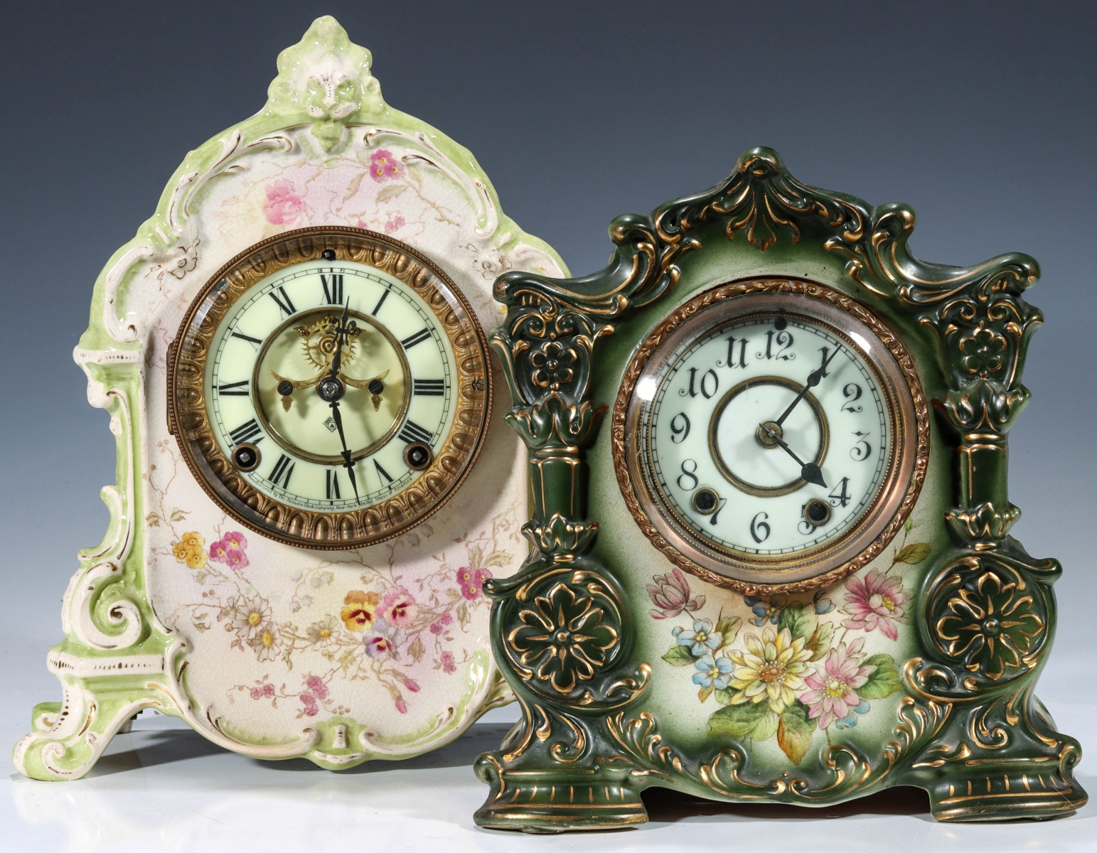 GREEN AND WHITE WATERBURY AND ANSONIA CHINA CLOCKS