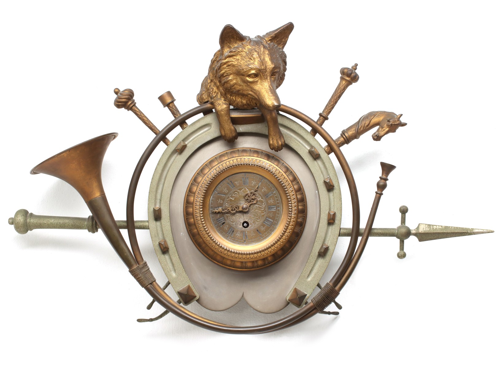 AN EARLY 20TH CENTURY BRONZE FOX HUNT THEME CLOCK