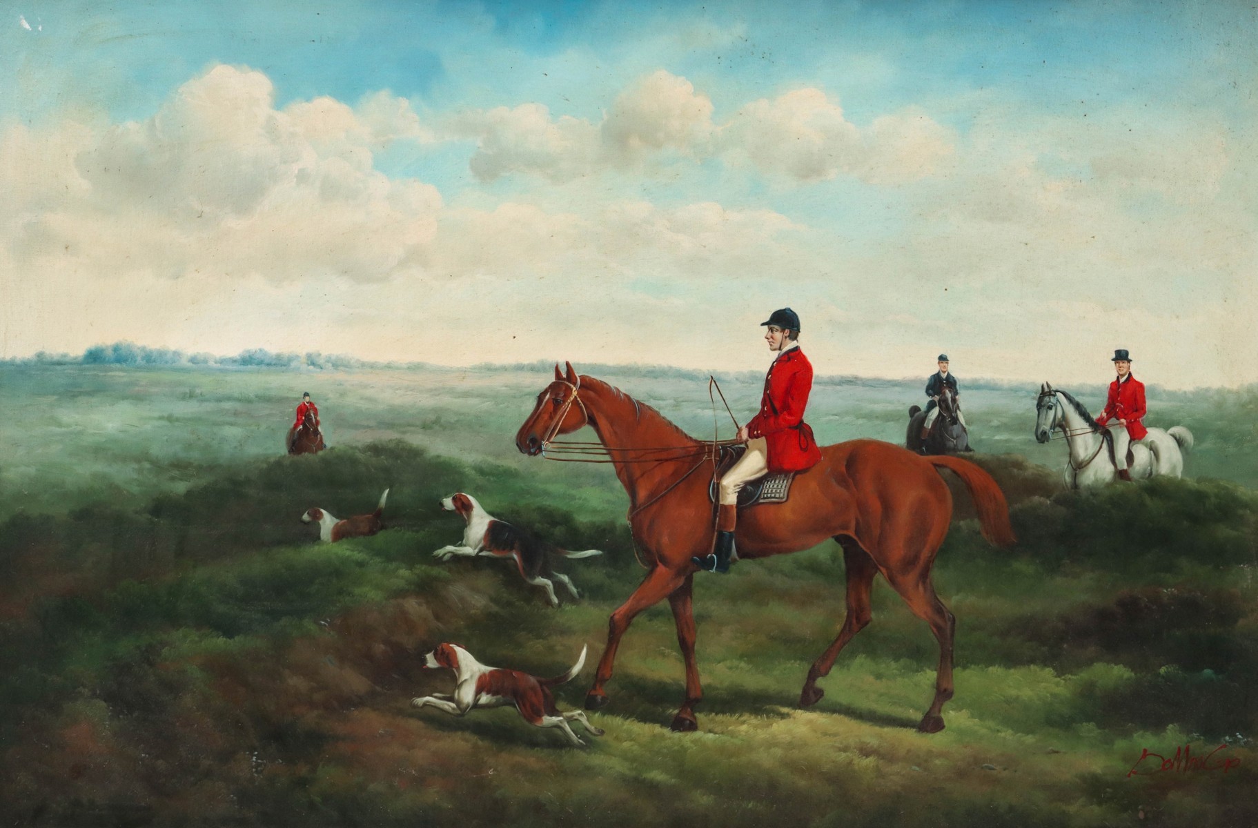A 20TH C. ENGLISH HUNT SCENE OIL SIGNED 'DOMINGO'