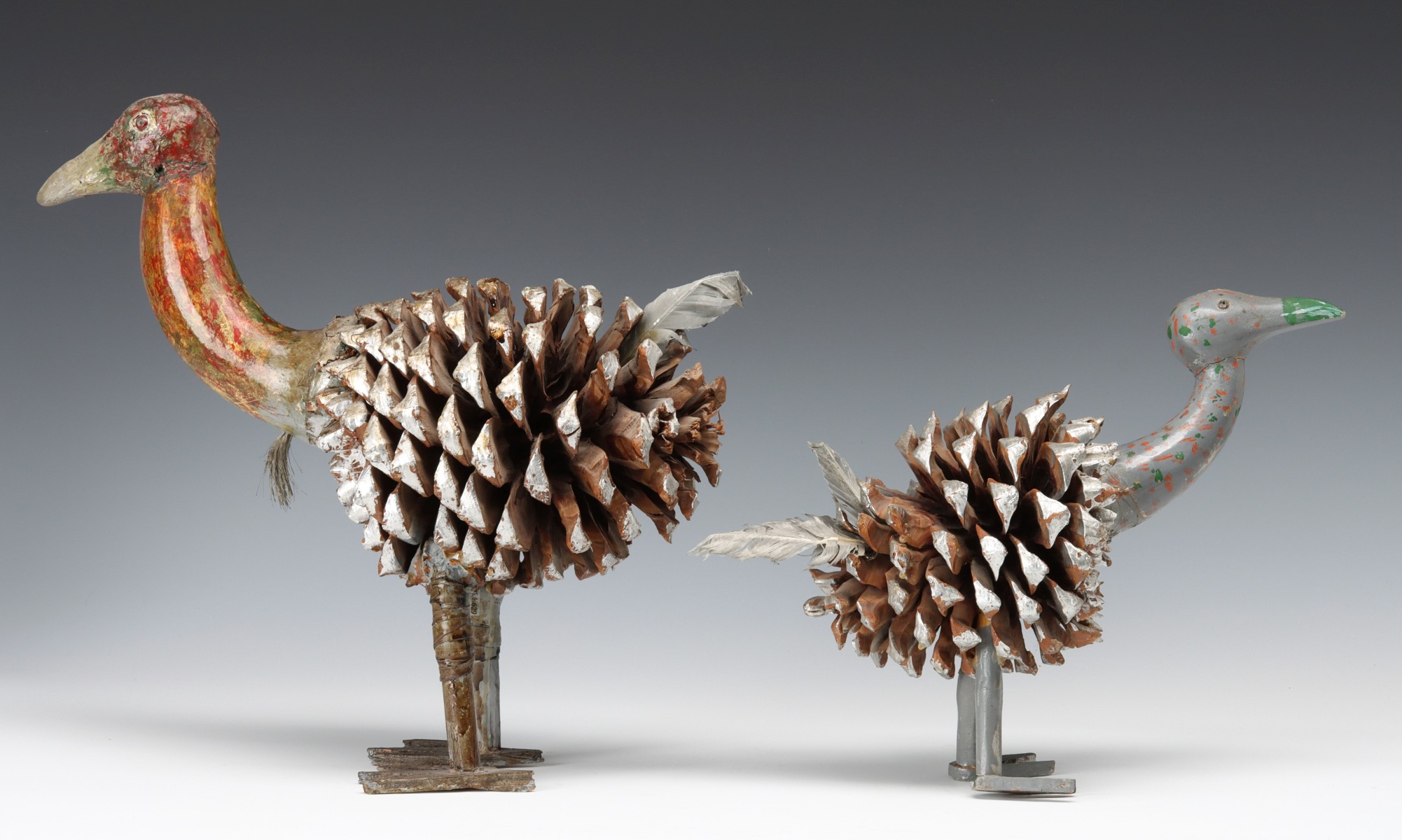 TWO UNUSUAL FOLK ART PINE CONE TURKEY FIGURES