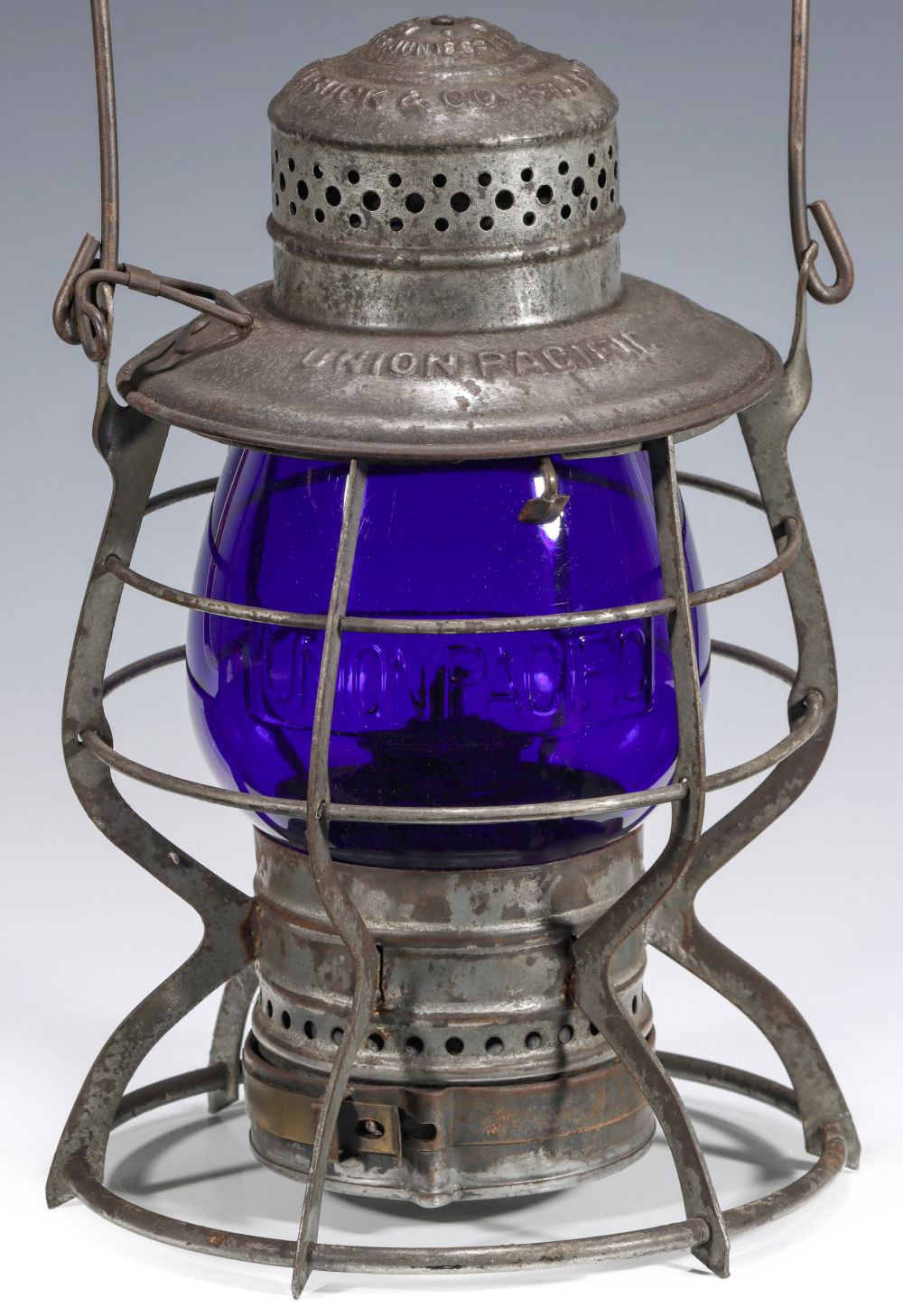 A VERY RARE UNION PACIFIC TALL CAST BLUE GLOBE LANTERN