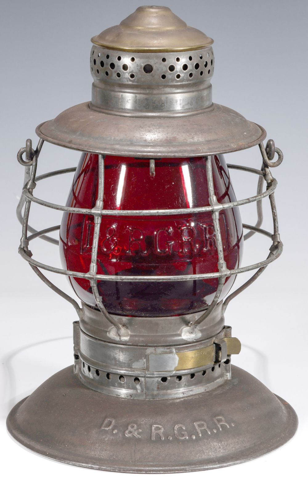 A RARE LANTERN WITH TALL RED GLOBE CAST D & R G RR