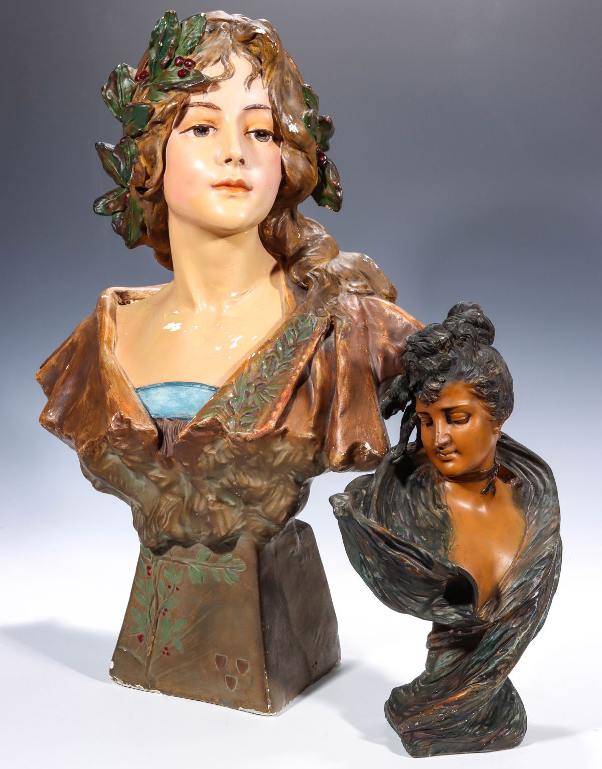 POLYCHROME ENAMEL PLASTER MAIDEN BUST FIGURES