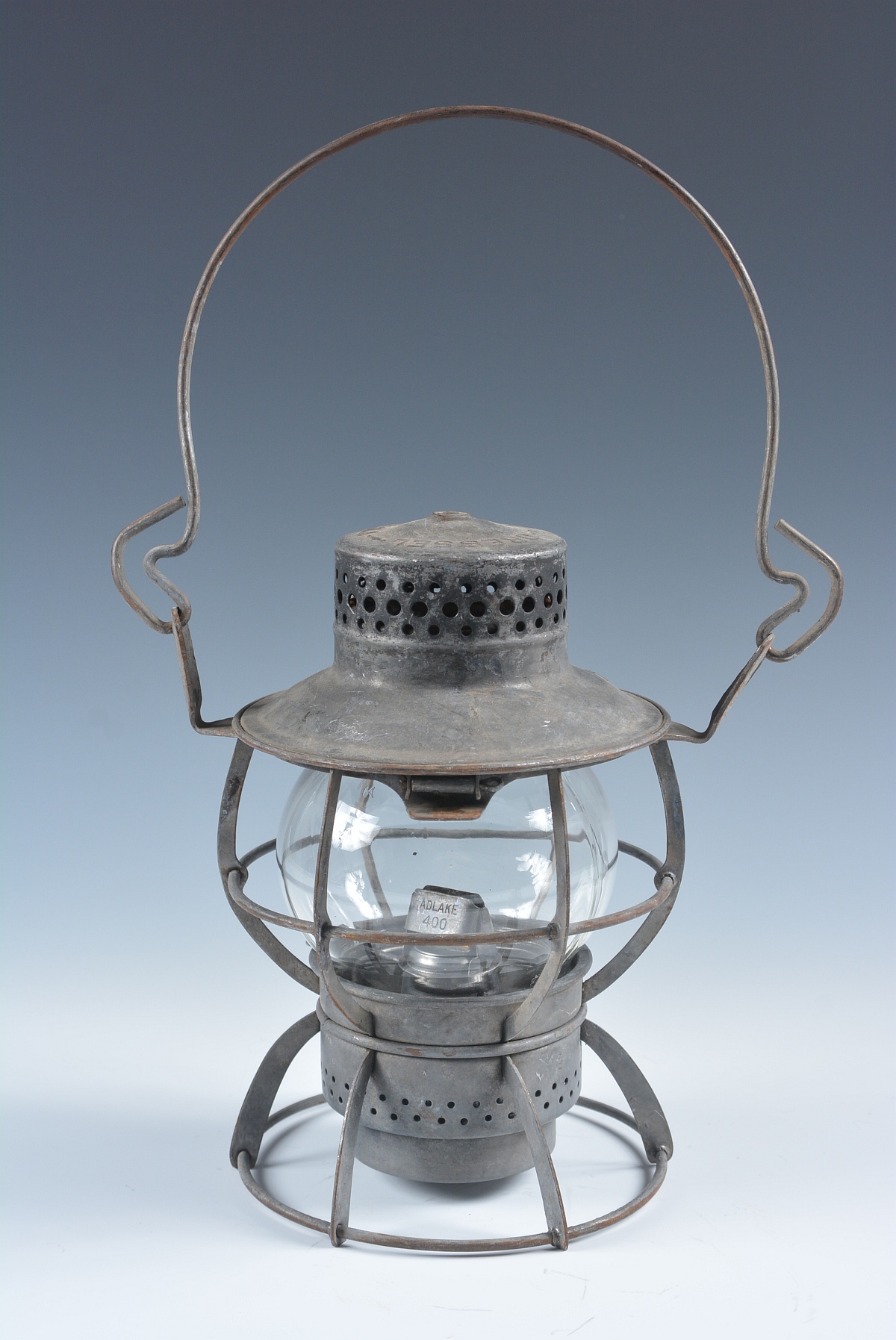 FOUR SHORT GLOBE LANTERNS WITH RAILROAD MARKINGS