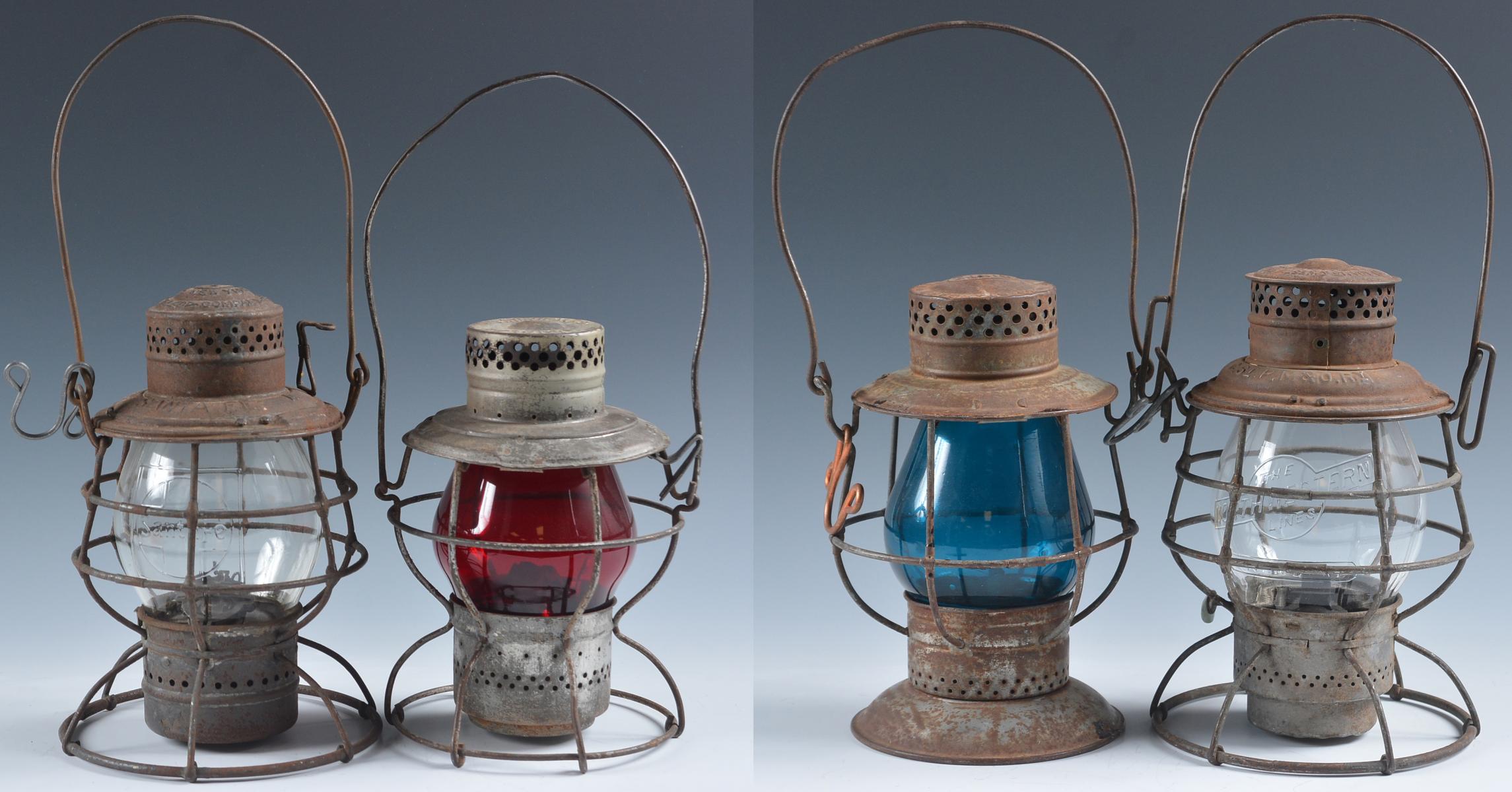 FOUR RAILROAD LANTERNS FOR SANTA FE, WABASH, CStPM&O