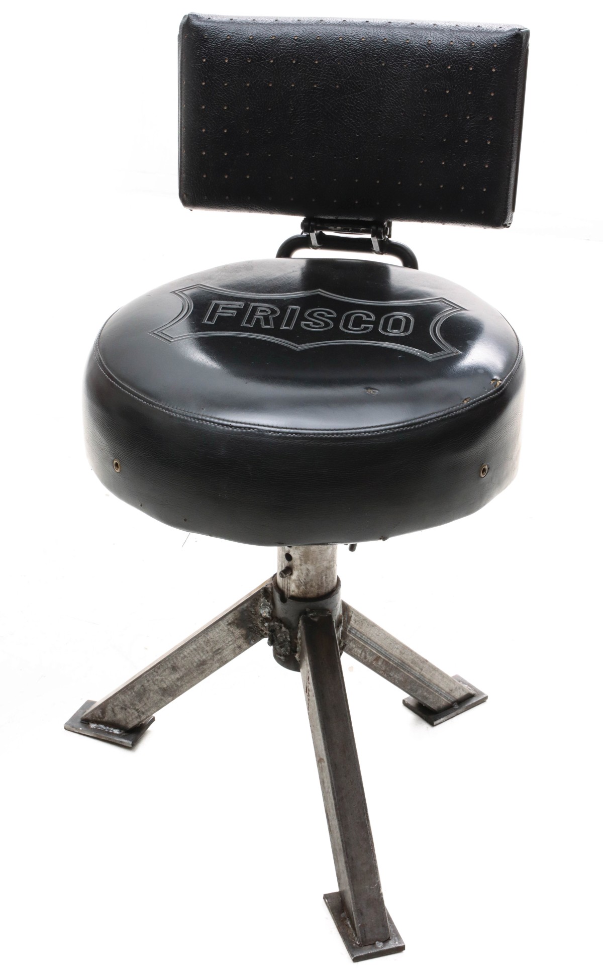 A TRIPOD BASE STOOL WITH FRISCO SEAT LOGO