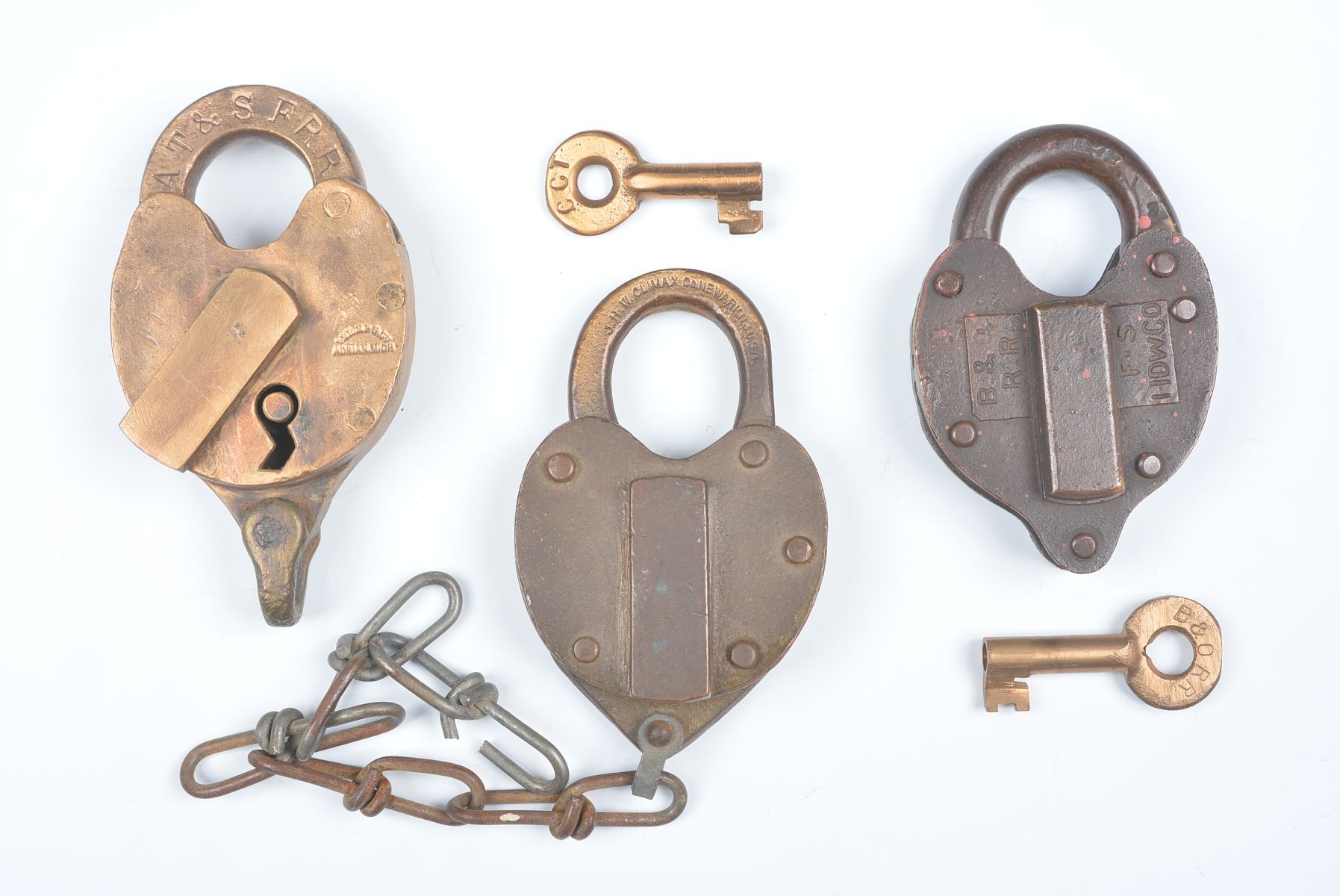 CAST BACK BRASS PADLOCKS WITH RAILROAD MARKINGS