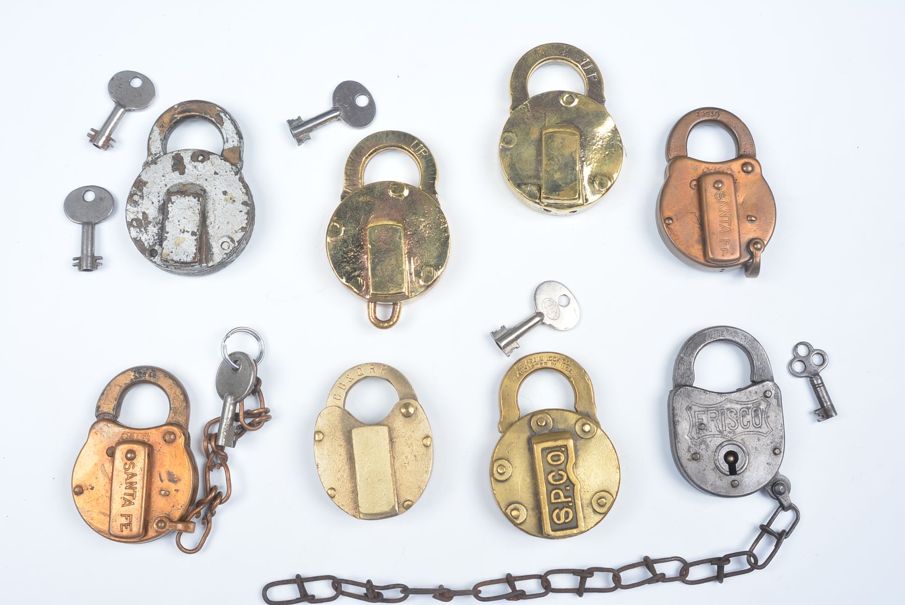 EIGHT RAILROAD PADLOCKS FOR SANTA FE, FRISCO, MORE