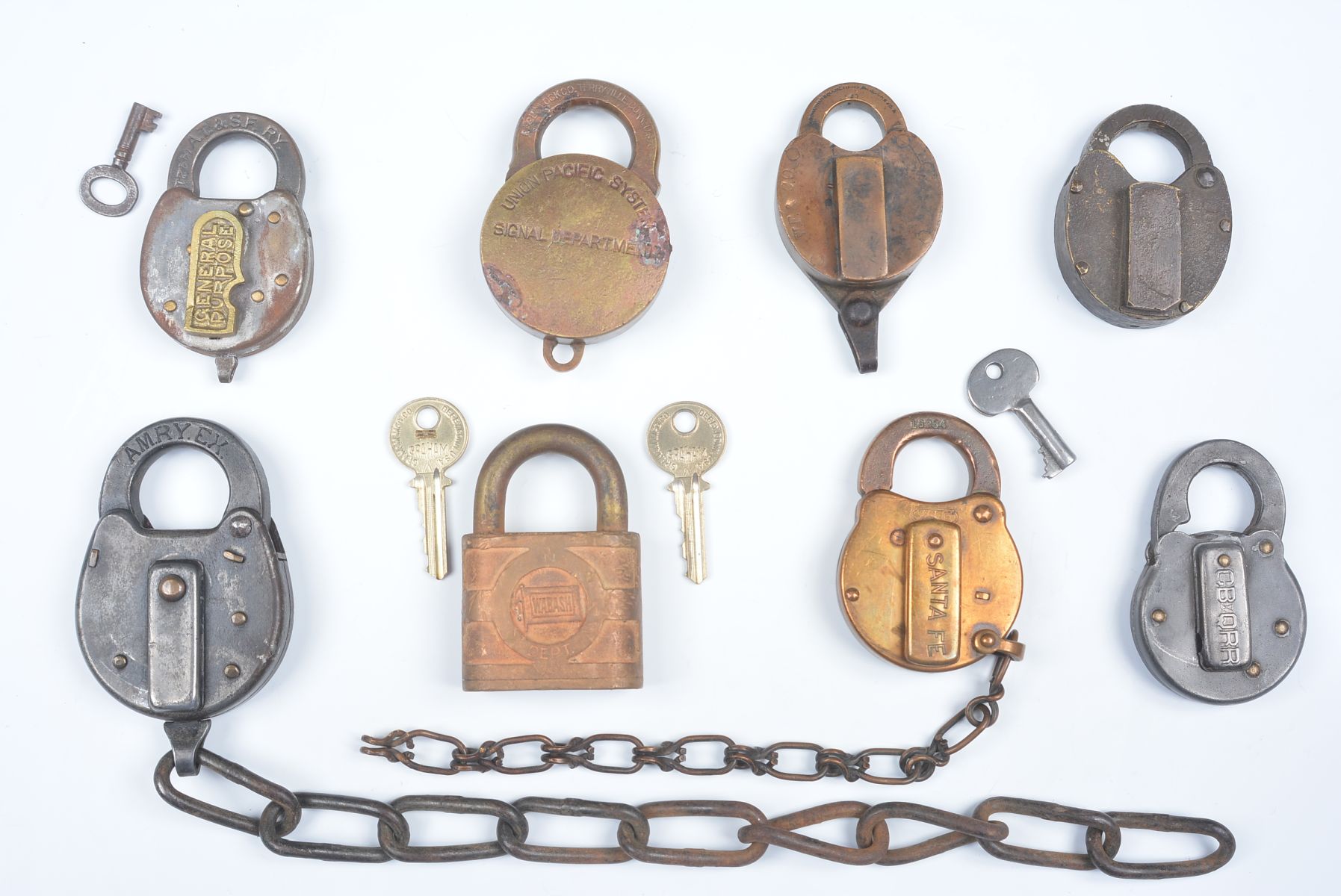 A COLLECTION OF PADLOCKS WITH RAILROAD MARKINGS